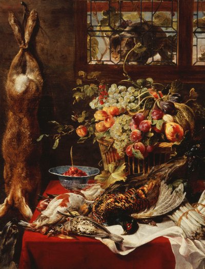 Ein Vorratskammer-Stillleben mit Obst, Wild und einer Katze am Fenster von Frans Snyders or Snijders