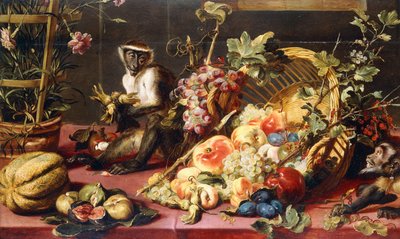 Ein umgekippter Korb mit Früchten auf einem drapierten Tisch mit Affen von Frans Snyders or Snijders