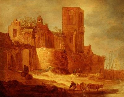 Eine zerstörte Abtei an einem Wasserweg mit Bauern und Vieh im Vordergrund von Frans de Hulst