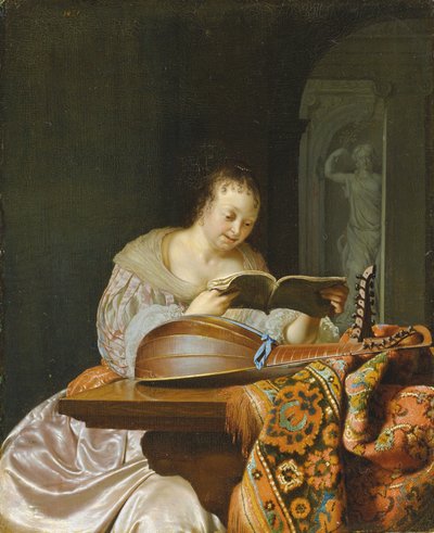 Ein Innenraum mit einer Frau, die Musik an einem teilweise bedeckten Tisch mit einer Doppelhalslaute liest, 1671 von Frans van Mieris