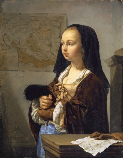 Junge Frau mit Federfächer bereit zum Ausgehen, 1657-59 von Frans van Mieris