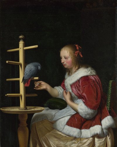 Eine Frau in roter Jacke füttert einen Papagei von Frans van Mieris the Elder