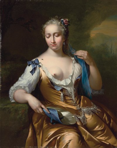 Dame in einer Landschaft mit einer Fliege auf der Schulter: eine Allegorie des Tastsinns, 1742 von Frans van der Mijn