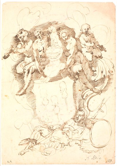 Heraldische Komposition: Wappenschild mit drei aufrechten Geigen, helmgekrönter Hund, umgeben von zwei Figuren und zwei geigenspielenden Putti, alles ruhend auf liegender Männerfigur (Neptun?) von Frantz Cleyn