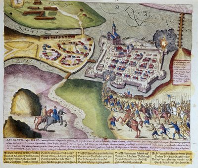 Die Eroberung von Raab durch Adolf Schwarzenberg am 28.03.1598. Druck von Franz Hogenberg (1535-1590) 1653 von Franz (after) Hogenberg