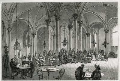 Das zentrale Café in Wien (Österreich). Gravur von Kollarz, zur Illustration der Geschichte Wien und seine Vororte von M. Newlinski, 1881, veröffentlicht in Le tour du monde, unter der Leitung von Edouard Charton (1807-1890) von Franz (after) Kollarz