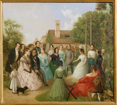 Pfänderspiele der Familienmitglieder Alt im Garten von Franz Alt