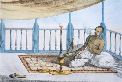 Mann raucht eine Wasserpfeife mit Haschisch oder Opium, veröffentlicht 1808-12 von Franz Balthazar Solvyns