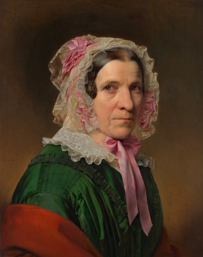 Porträt einer älteren Dame mit Spitzenhaube und rosa Bändern von Franz Eybl