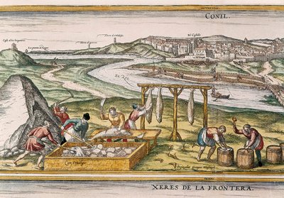 Conil de la Frontera, die Fischer trocknen den Fisch, schneiden ihn, verkaufen ihn und verpacken ihn in Fässern zum Verkauf, aus "Civitatis Orbis Terrarum" von Franz Hogenberg