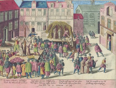 Hinrichtung in Brügge durch Verbrennen von drei Mönchen wegen Sodomie, 28. Juni 1578 von Franz Hogenberg