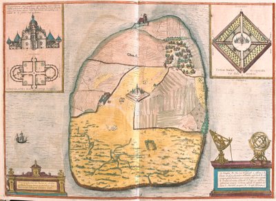 Insel Ven und Uranienborg, der Palast und das Observatorium von Tycho Brahe auf dieser Insel im Sund von Franz Hogenberg