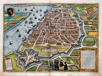 Karte von Antwerpen, aus "Civitates orbis terrarum" (kolorierte Gravur) von Franz Hogenberg