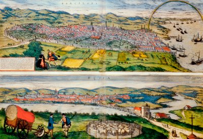 Karte von Barcelona und Écija aus Civitates Orbis Terrarum von Georg Braun von Franz Hogenberg