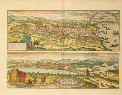 Karte von Barcelona und Ecija aus Civitates Orbis Terrarum von Georg Braun von Franz Hogenberg