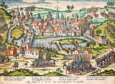Papisten belagern Poitiers, Juli 1569, Gravur von Franz Hogenberg von Franz Hogenberg
