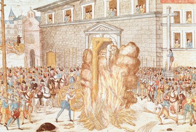 Die Hinrichtung des Magistrats Anne du Bourg, zum Hängen verurteilt, gefolgt von der Verbrennung der Leiche, 23. Dezember von Franz Hogenberg