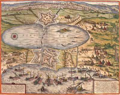 Ansicht von Tunis, Tunesien, mit der Festung Goulette, die den Zugang zum See von Tunis kontrolliert, und der neuen Festung vor den Stadtmauern von Franz Hogenberg