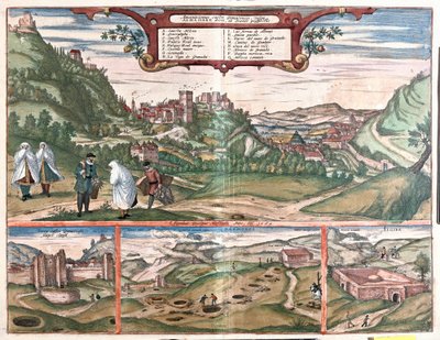 Ansicht der Alhambra mit der Stadt Granada, Spanien: oben eine Ansicht der Alhambra auf dem Cerro del Sol Hügel. Die Ansicht unten links zeigt die geschlossenen Türen der Alhambra. In der Mitte sind die Eingänge der Masmoros-Höhlen. Die große Struktur unte von Franz Hogenberg