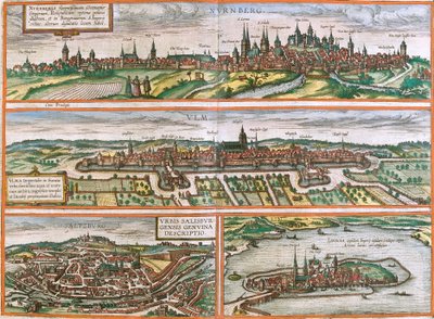 Ansichten von Nürnberg (Nurnberga), Ulm (Ulma), Lindau (Lindola), Deutschland und Salzburg (Salisburgensis) in Österreich (Radierung) von Franz Hogenberg