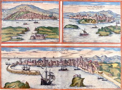 Ansichten von Šibenik (Sibinium, Sibenicho), Poreč (Parens, Parentium), Kroatien und Modon (Modona), Griechenland (Radierung) von Franz Hogenberg