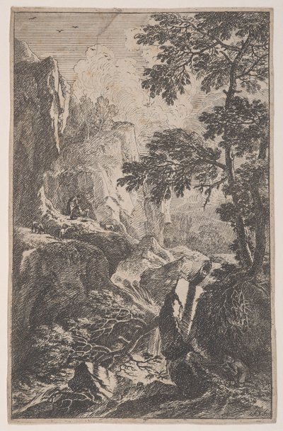 Platte 2: Ein Jäger zielt mit seinem Gewehr, kniend neben einem großen Felsen rechts, ein Ma von Franz Joachim Beich