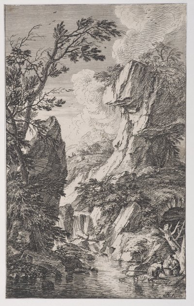 Tafel 4: zwei Fischer am Ufer eines Baches rechts, ein Wasserfall in der Mitte von Franz Joachim Beich