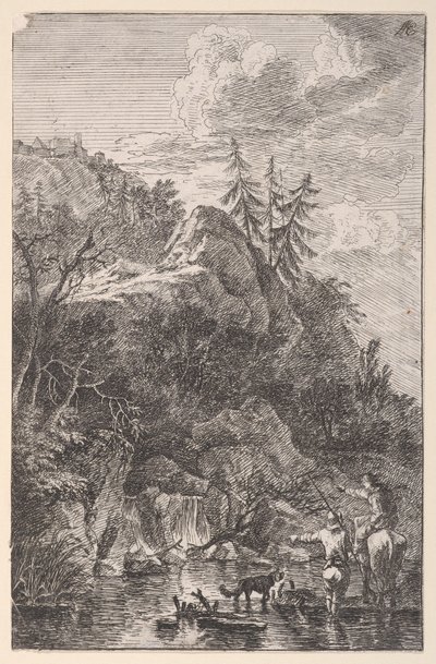 Weibliche Figur auf einem Pferd und eine männliche Figur mit einem Hund in einer Straße, ca. 1700-25 von Franz Joachim Beich
