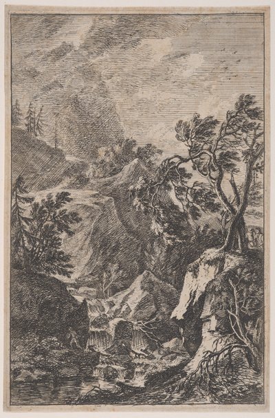 Tafel 6: zwei männliche Figuren stehen auf einem Felsen rechts, ein Wasserfall in der Mitte, ca. 1700-25 von Franz Joachim Beich