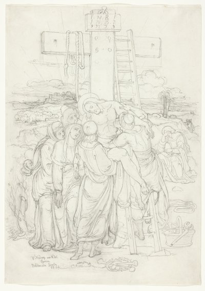 Abnahme vom Kreuz mit einer Silhouette von Jerusalem im Hintergrund von Franz Johann Heinrich Nadorp