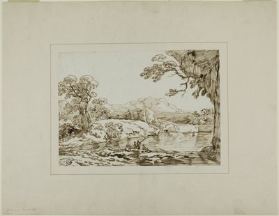 Landschaft mit Fluss, fernen Hügeln und Figuren beim Angeln im Vordergrund von Franz Kobell