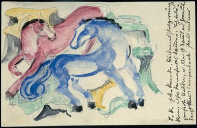 Rotes und blaues Pferd, Postkarte, Poststempel 05.04.1913 von Franz Marc