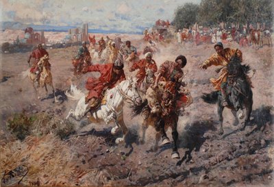 Tscherkessen feiern das Ende des Muharram mit dem Reitsport des Rennens um das Preis-Lamm, 1889 von Franz Roubaud