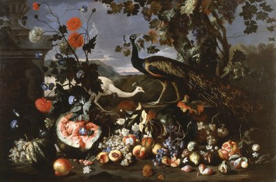 Ein Pfau und eine Henne mit Früchten und Blumen in einem Park von Franz Werner Tamm