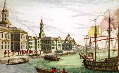Landung der englischen Truppen in New York, 29. Juni 1776 (farbiger Stich) von Franz Xaver Habermann