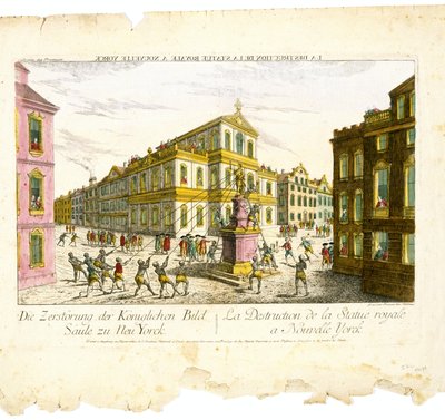 Die Zerstörung der Königlichen Bildsäule zu Neu York, ca. 1776 von Franz Xavier Habermann