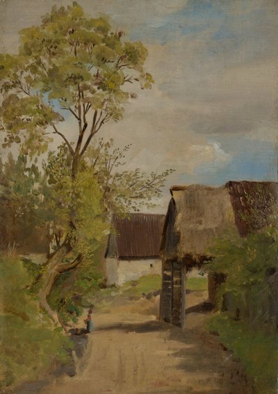 Dorfstraße in Aresing (?) mit weiblicher Gestalt von Franz von Lenbach