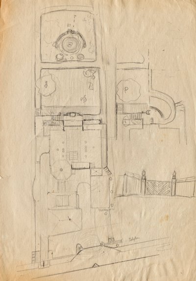 Entwurfsskizzen zu Matschs Ateliervilla - Grundriss von Gesamtanlage und Garten, Toranlage von Franz von Matsch