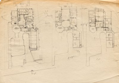 Entwurfsskizzen zu Matschs Ateliervilla - Grundriss von drei Stockwerken von Franz von Matsch