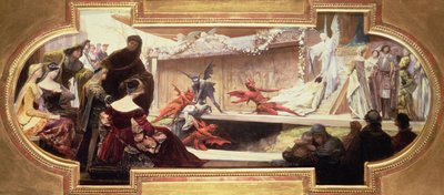 Skizze für ein Deckenbild, das eine Szene aus einer Serie über die Geschichte des Theaters darstellt von Franz von Matsch