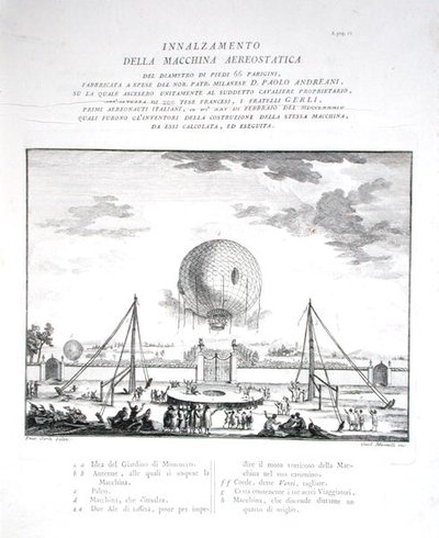 Erster bemannter Heißluftballonflug in Italien durch Paolo Andreani, 1784, graviert von Girolamo Mantelli, veröffentlicht 1785 (Gravur) von Fratelli Gerli (after)