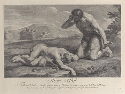 Adam kniet in Trauer neben dem Körper Abels, während Kain im Hintergrund flieht, ca. 1729 von Frédéric Horthemels