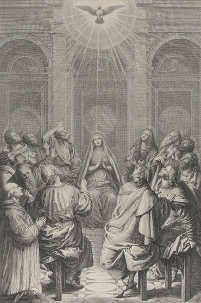 Pfingsten, mit den Aposteln und der Jungfrau Maria im Kreis sitzend, der Heilige Geist von Frédéric Horthemels
