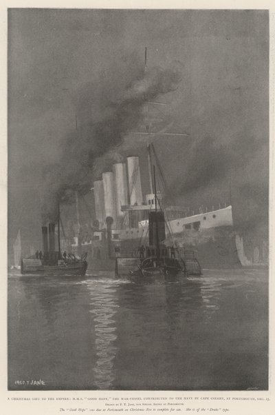 Ein Weihnachtsgeschenk für das Empire, HMS Good Hope, das Kriegsschiff, das von der Kapkolonie zur Marine beigetragen wurde, in Portsmouth, 25. Dezember von Fred T. Jane