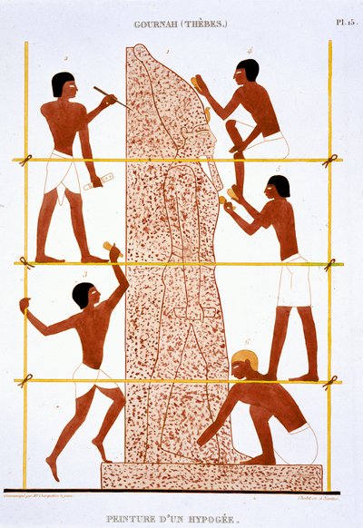 Steinmetze fertigen kolossale Statue des Pharaos, aus einem seltenen Bericht über Fresken aus Theben, aufgezeichnet 1819-1822 bei seinem zweiten Besuch in Ägypten von Frederic (after) Cailliaud