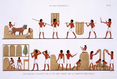 Transport, Lagerung und Aufzeichnung der Getreidevorräte, aus einem seltenen Bericht über Fresken aus Theben, aufgezeichnet 1819-1822 bei seinem zweiten Besuch in Ägypten von Frederic Cailliaud (1787-1869) von Frederic (after) Cailliaud