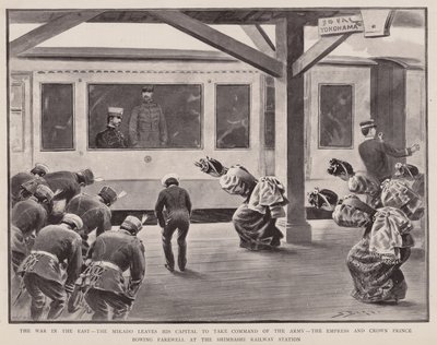 Der Krieg im Osten, Der Mikado verlässt seine Hauptstadt, um das Kommando über die Armee zu übernehmen, Die Kaiserin und der Kronprinz verbeugen sich von Frederic (after) Villiers