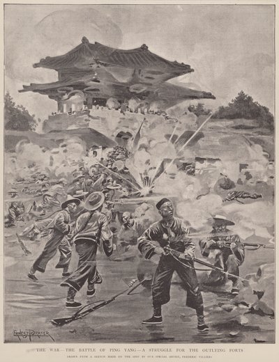 Der Krieg, die Schlacht von Ping Yang, ein Kampf um die Außenforts (Lithographie) von Frederic (after) Villiers