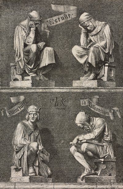 Allegorie des Studiums, dekorative Figuren an der Basis der Statue von Martin Schongauer von Frederic Auguste Bartholdi