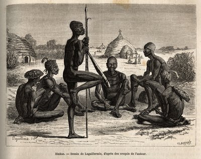 Dinkas aus dem Dorf Koudj (Senegal), deren Körper mit Asche bedeckt ist, um sie vor Insekten und Parasiten zu schützen, was auch eine kosmetische und soziale Funktion hat, Gravur nach Laguillermies Zeichnung, zur Illustration der Reise ins Herz Afrikas 186 von Frederic Auguste Laguillermie